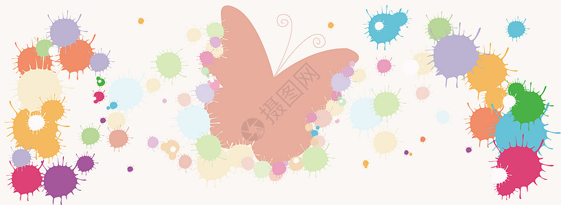 浪漫卡通彩色颜料喷溅蝴蝶粉色背景设计图片