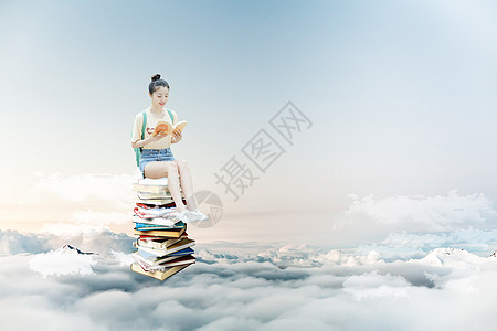 在云端看书的气质女孩图片