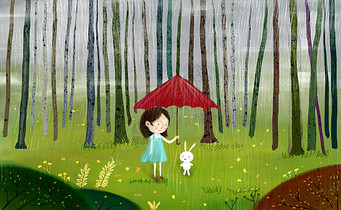 小女孩树林打伞插画图片