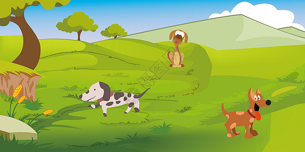 蓝天手绘三只小狗在草地欢乐玩耍设计图片