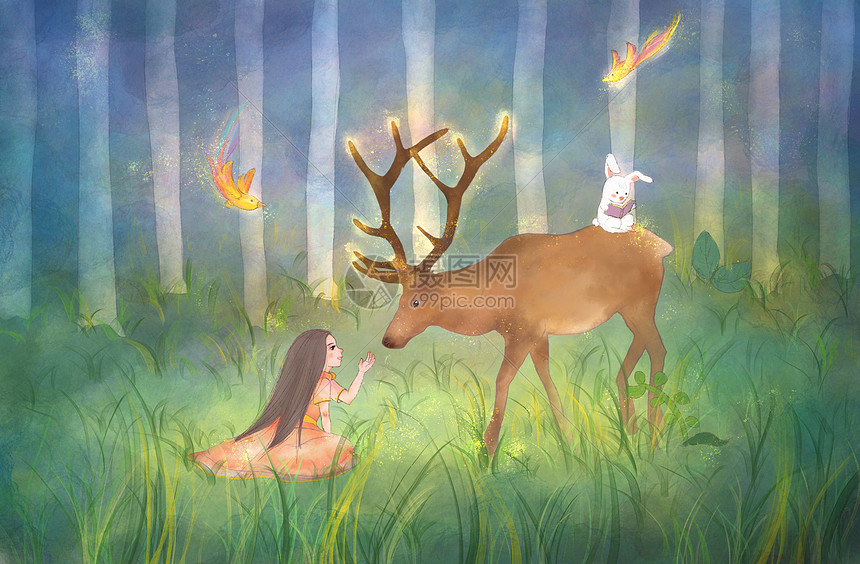 女孩与鹿温馨插画图片