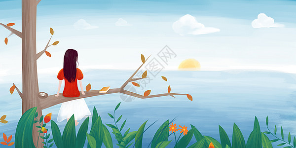 红色日出坐在树上看书看海的女孩插画
