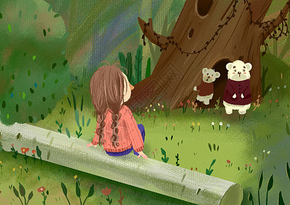 小女孩与小熊温馨插画图片