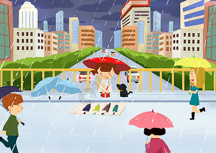 下雨街头卖伞的小女孩插画插画