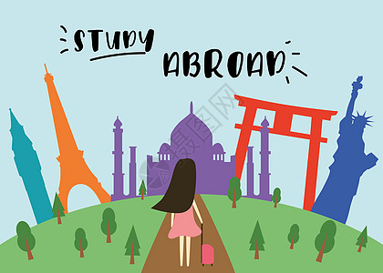 国外留学出国留学的女孩插画