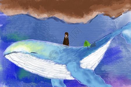 大海与鲸鱼手绘插画图片