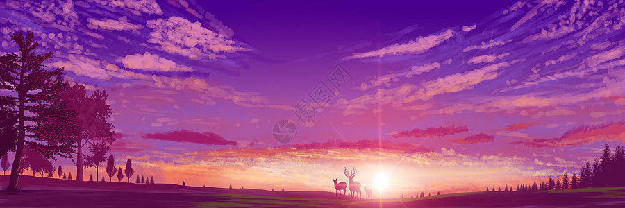 手绘日出时分的朝霞全景图片