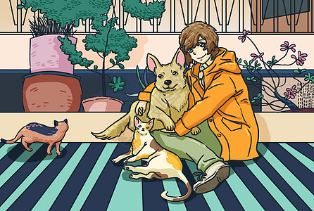 人和动物插画_人和动物卡通_人和动物插图_手绘_板绘_摄图网