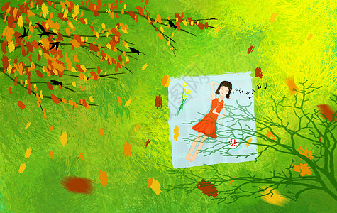 秋天躺在草坪上的女孩图片