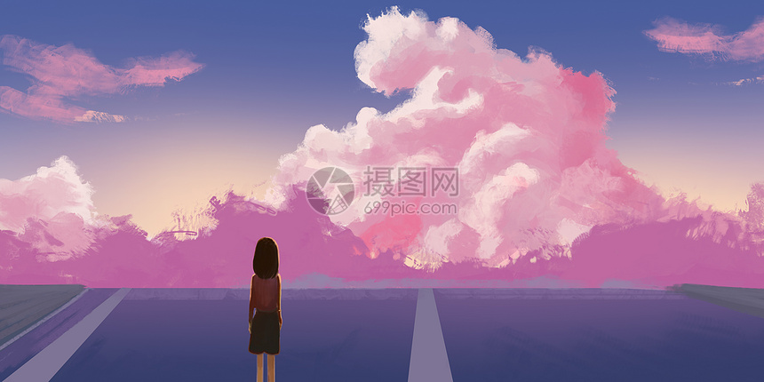 粉色公路少女插画图片