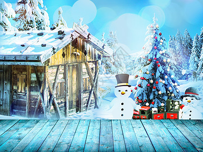 圣诞节木屋雪地蓝色背景图片