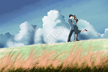 花海手绘郊外草地上相拥的情侣设计图片