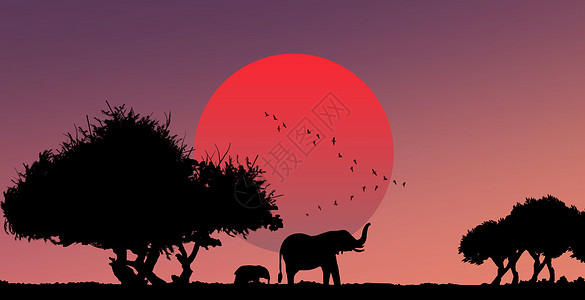 红色晚霞夕阳下的大自然插画