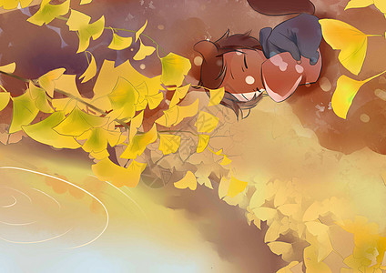 秋天银杏树下的女孩插画高清图片