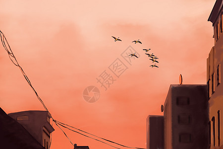 风景彩绘现代城市中夕阳下的归鸟背景设计图片