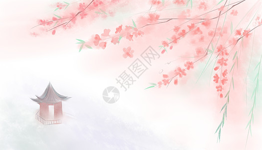 手绘桃花柳条唯美清新中国风背景高清图片