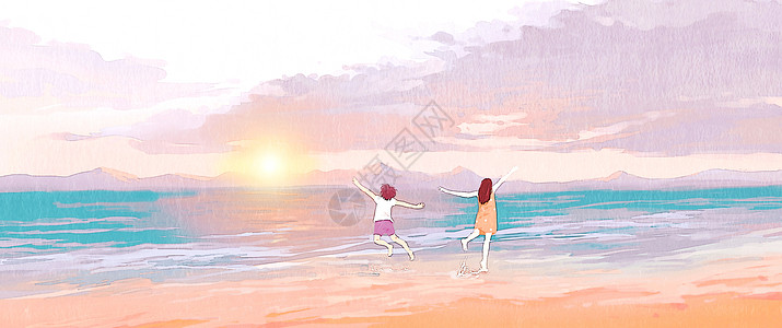 海边日出少女插画高清图片