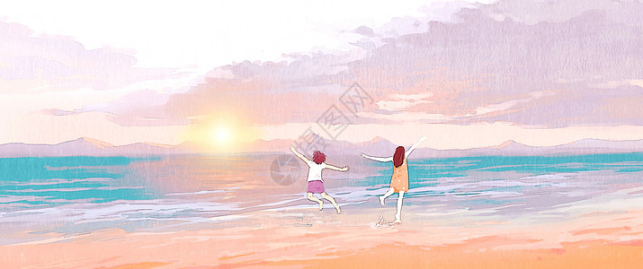 海边日出少女插画图片