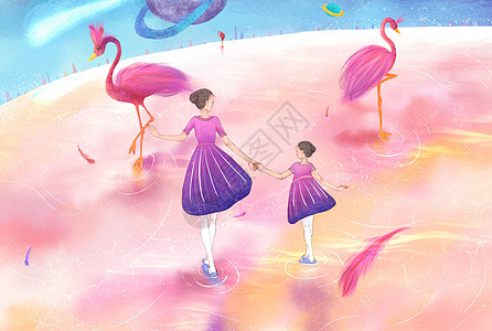 亲子梦幻旅行粉色星球插画高清图片
