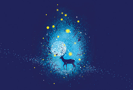 树夜景星空下的鹿插画插画