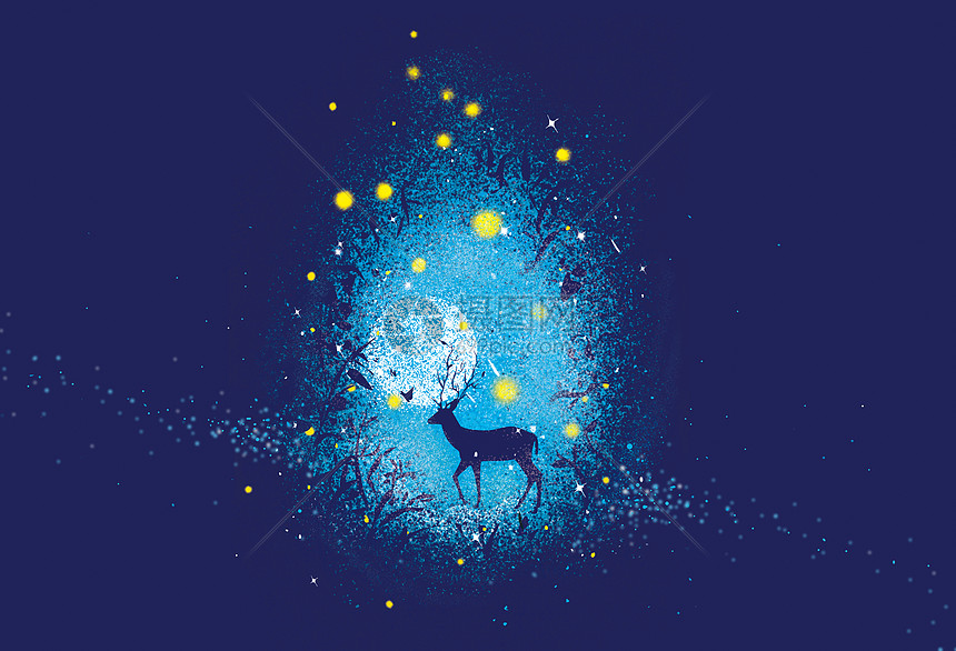 星空下的鹿插画图片