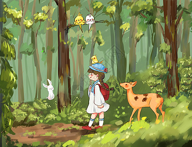 林间散步行走在林间的少女插画