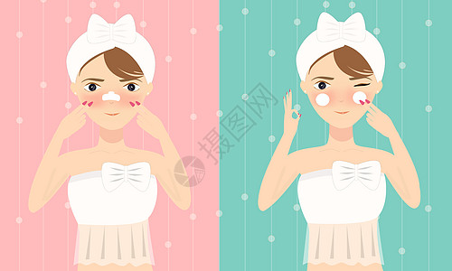 女性洗脸泼水在做美容护肤的美女插画