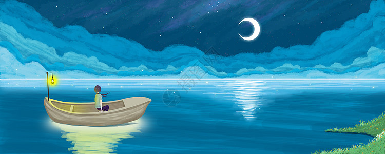 手绘矢量月光下的船插画插画