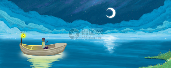 月光下的船插画图片