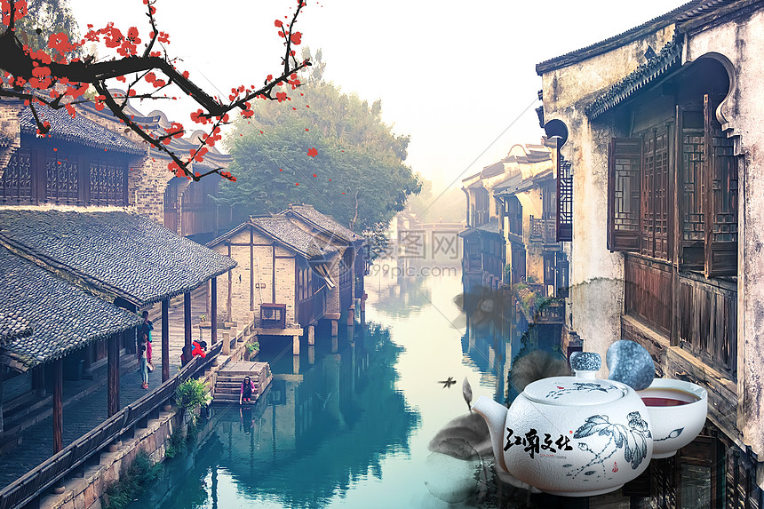 中国风江南人家意境背景图片素材-正版创意图片400073913-摄图网