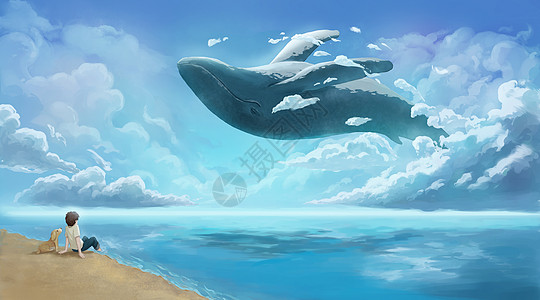 旅游度假云端的鲸鱼插画