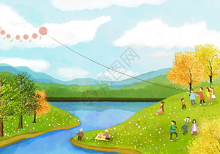 河边钓鱼一家人郊游插画