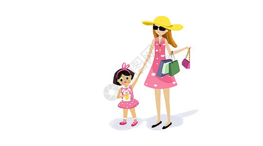 美女戴墨镜小女孩和妈妈购物插画