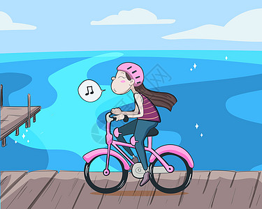 快乐女孩骑着单车去海边矢量插画背景图片