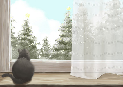 灰色窗帘猫咪与节插画