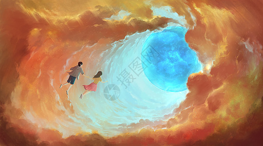 梦幻月亮云层中的光球插画