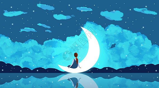 月亮风景月亮上女孩的背影插画