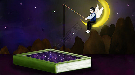 卡通钓鱼天使坐在月亮上垂钓书中的星星插画