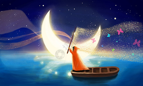 月光下划船玩耍的女孩图片