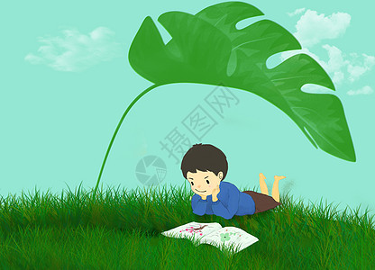 草地上趴着看书的儿童背景图片