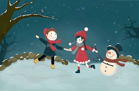 小雪节气儿童雪人插画背景图片