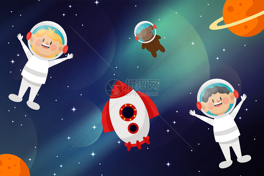 宇航员在宇宙背景矢量插画图片