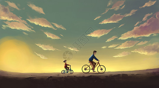 父亲背儿子黄昏下骑自行车插画