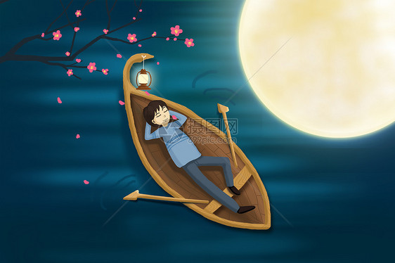 月下划船插画图片