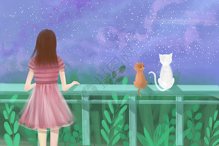 星空下的少女和猫图片