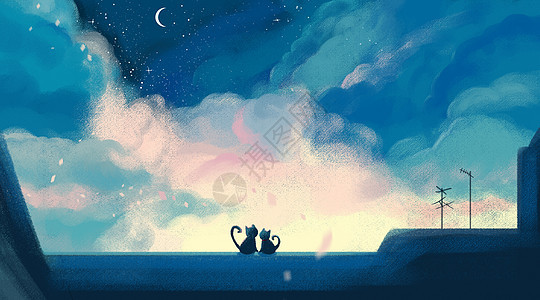 猫和月亮梦幻插画图片