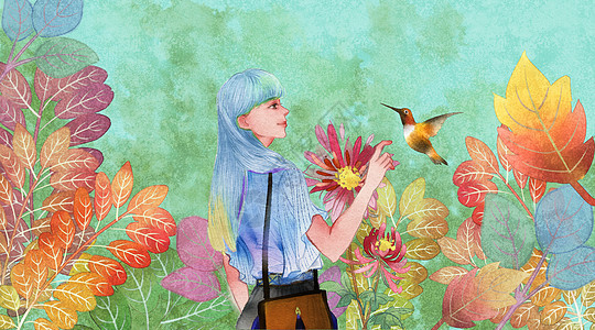 花中少女与蜂鸟背景图片