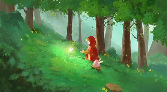 红色森林森林中的小红帽插画