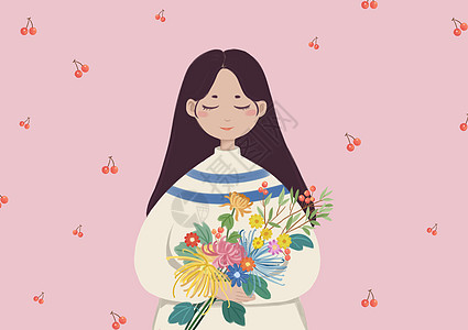 女孩与花手绘插画高清图片