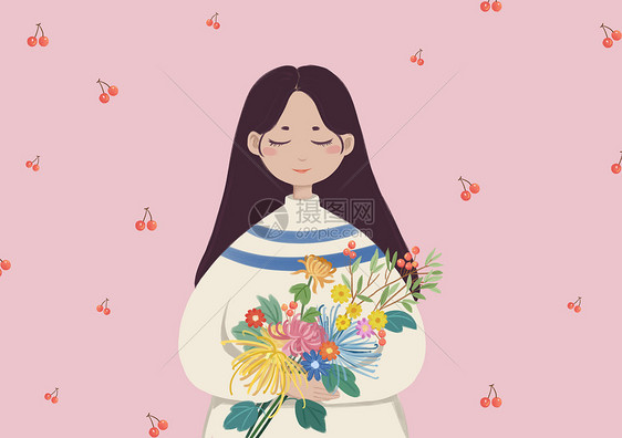 女孩与花手绘插画图片